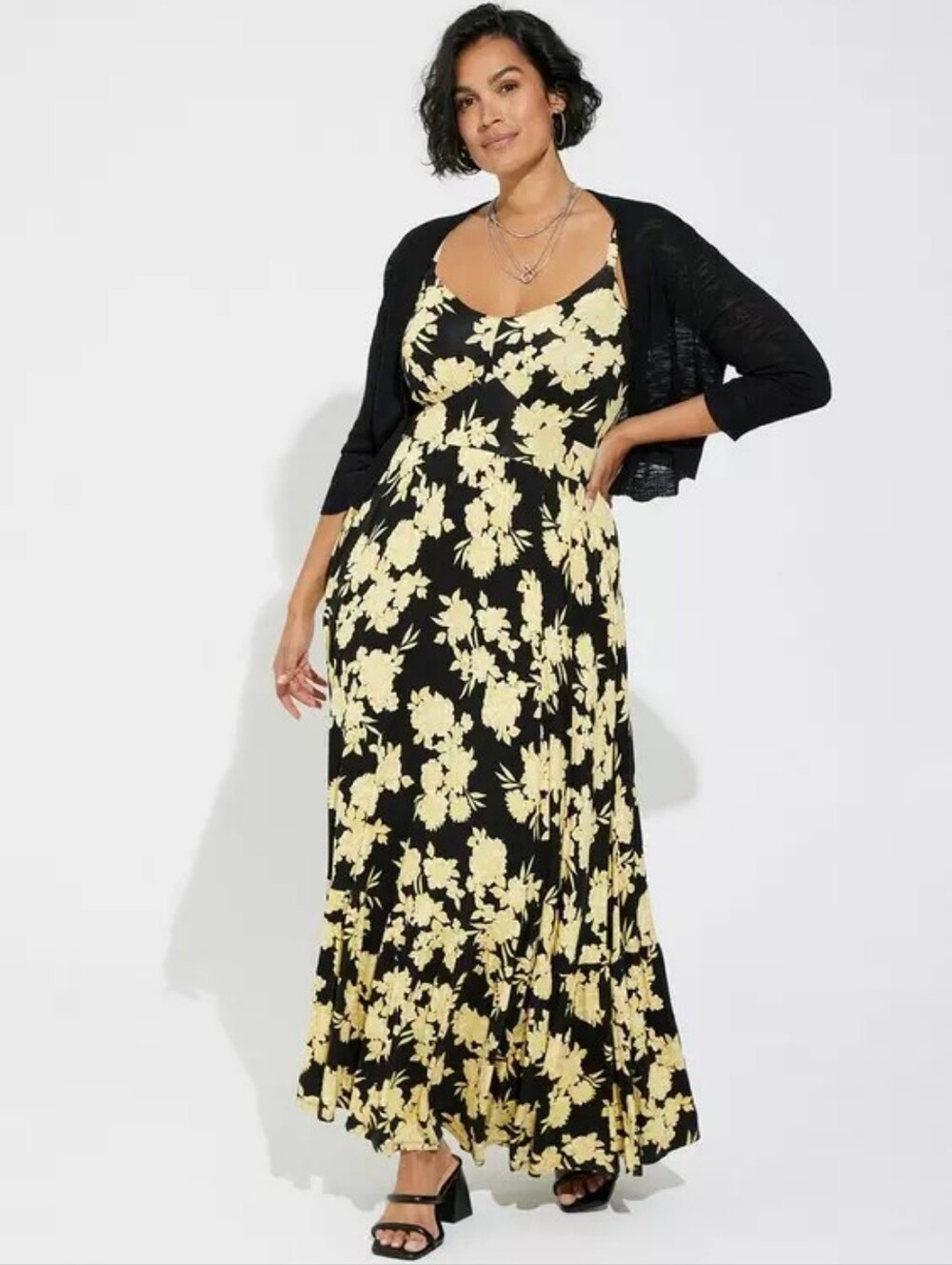 Torrid Size 1 Super Soft Tiered Maxi Dress 14 16 Yellow Floral Print